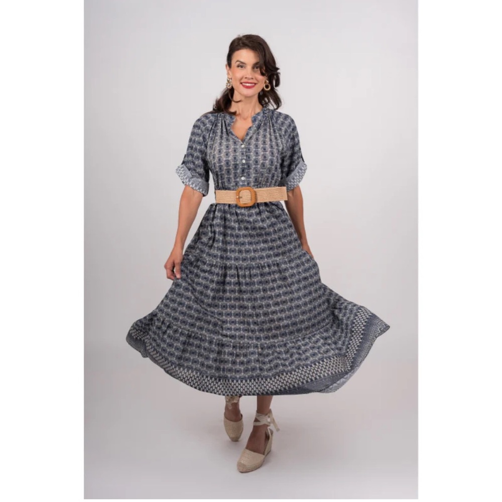 Julietta Chic Navy Patterned Midi Dress with Belt